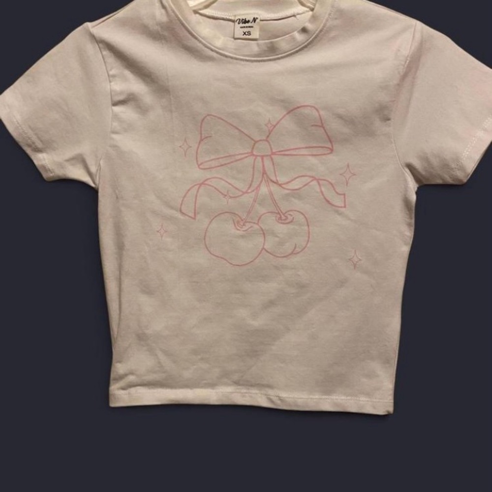 Vibe Cream Tee with Pink Cherry and Bow Graphic
